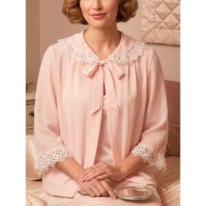 Stella Fagin Vintage Pink & White Eyelet Bed Jacket / Short Pajama Top – Size S